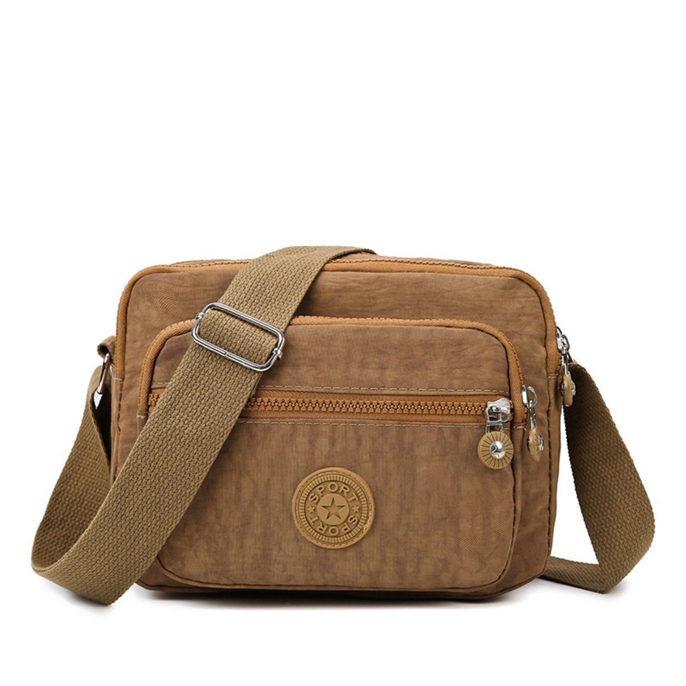 Brown Nylon Crossbody Shoulder Bag with Adjustable Strap & Zipper Pockets